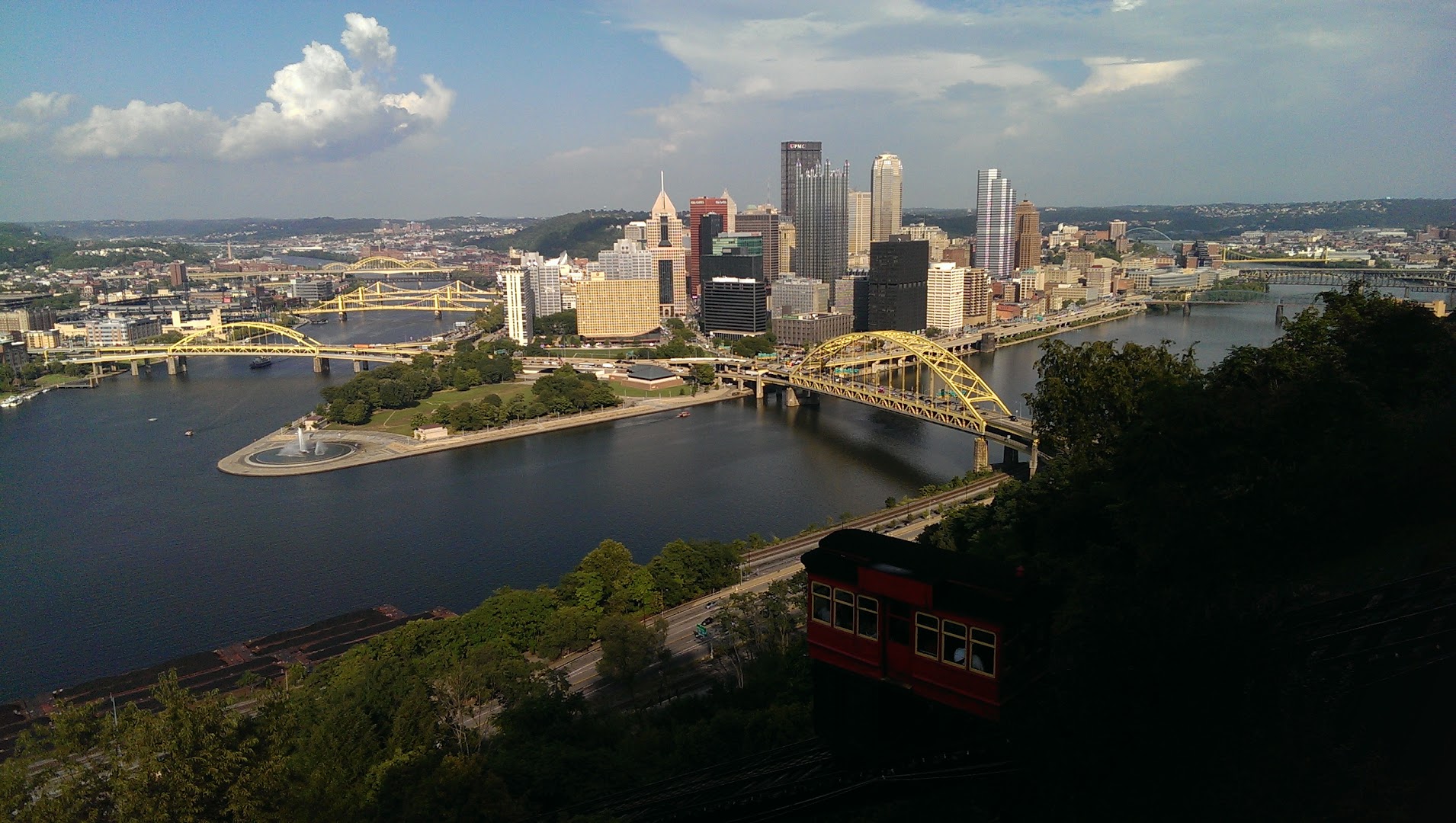 Panoramic view of Pittsburgh skyline and rivers from Mount Washington overlook